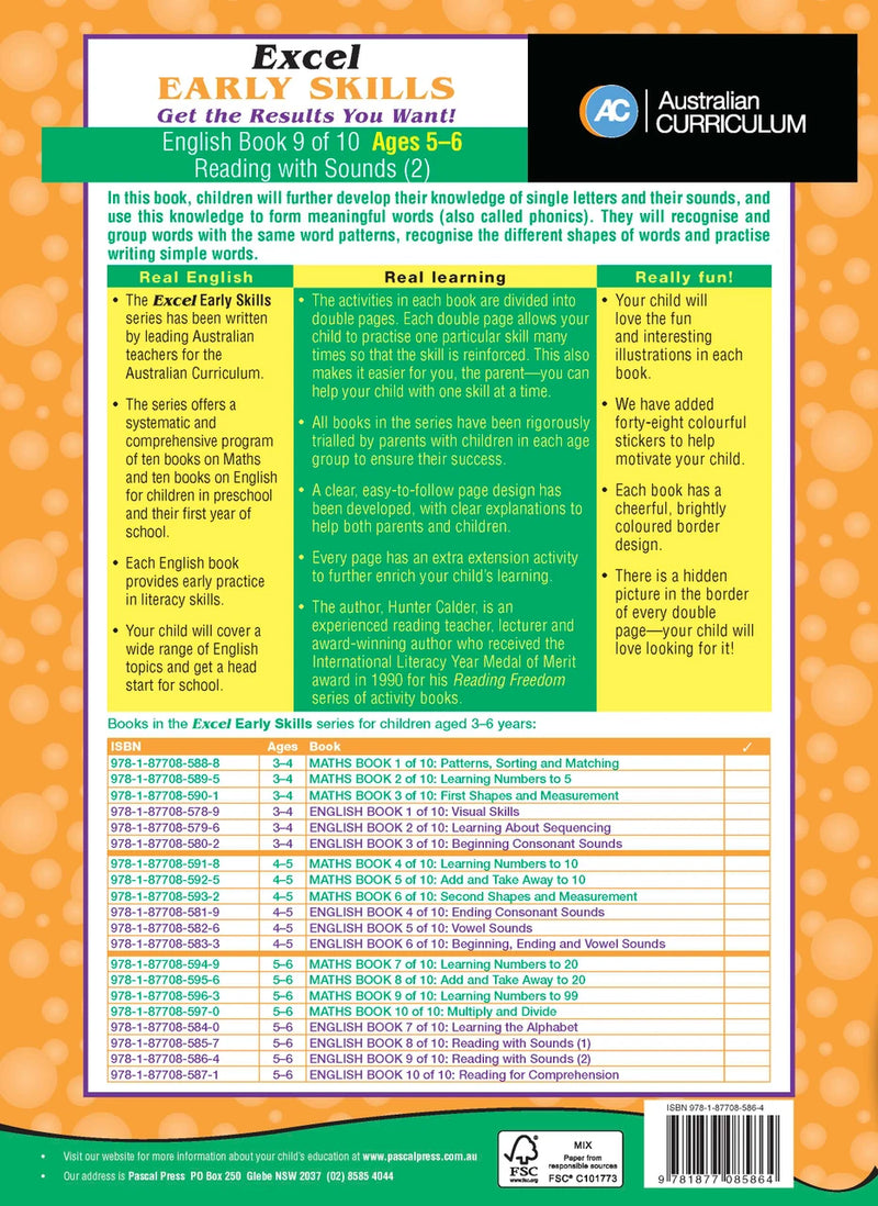 Sample activity page 4 from inside Excel Early Skills English Book 9 Reading with Sounds 2, showing the workbook page layout