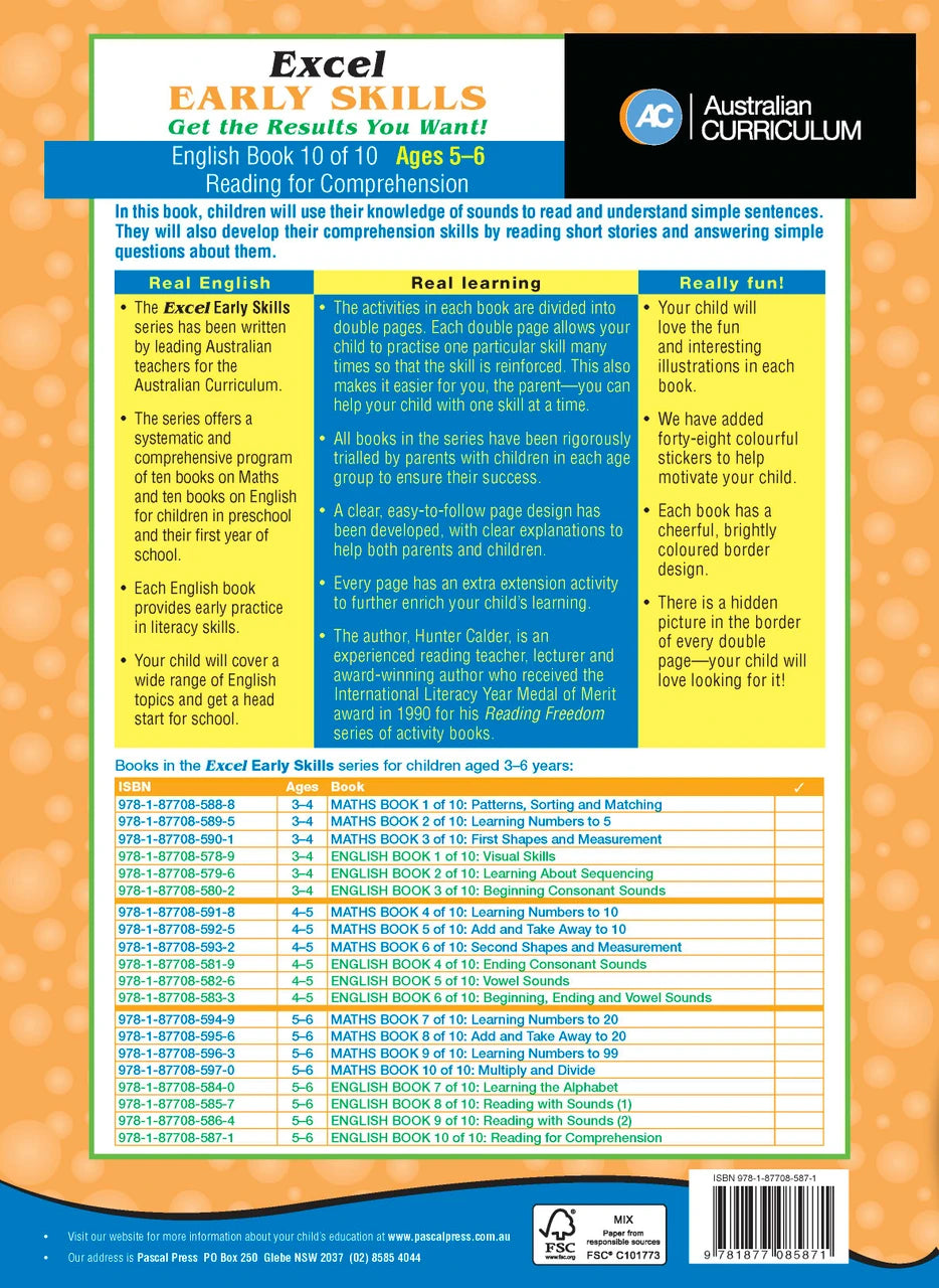 Sample activity page 4 from inside Excel Early Skills English Book 10 Reading for Comprehension, showing the workbook page layout