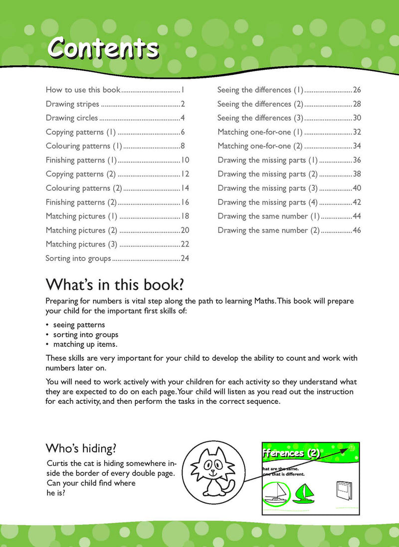 Opening interior page from Excel Early Skills Maths Book 1 Patterns Sorting and Matching, as previewed on the publisher product page