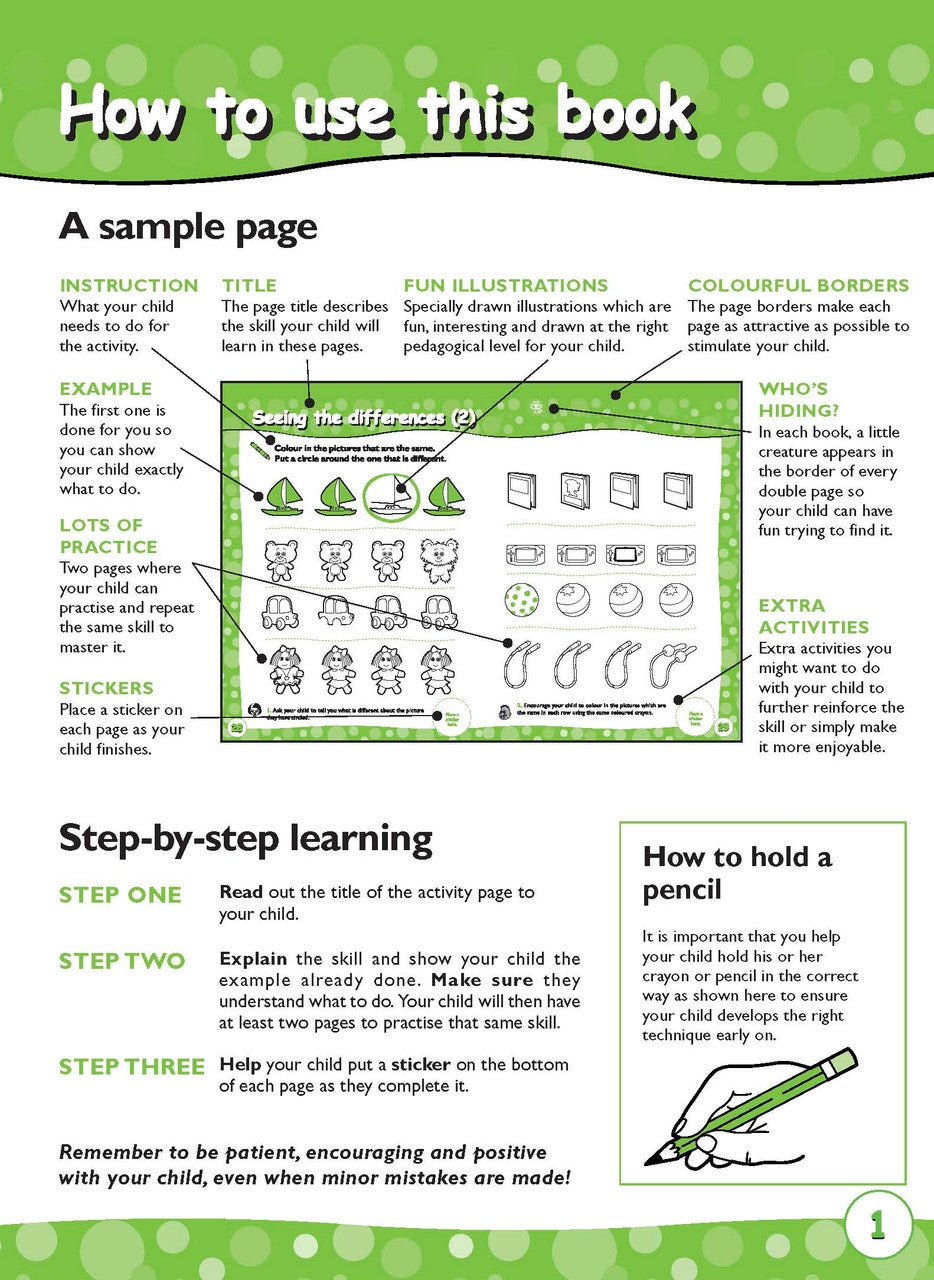 Sample activity page 1 from inside Excel Early Skills Maths Book 1 Patterns Sorting and Matching, showing the workbook page layout