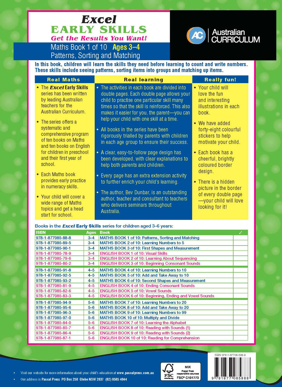 Sample activity page 4 from inside Excel Early Skills Maths Book 1 Patterns Sorting and Matching, showing the workbook page layout