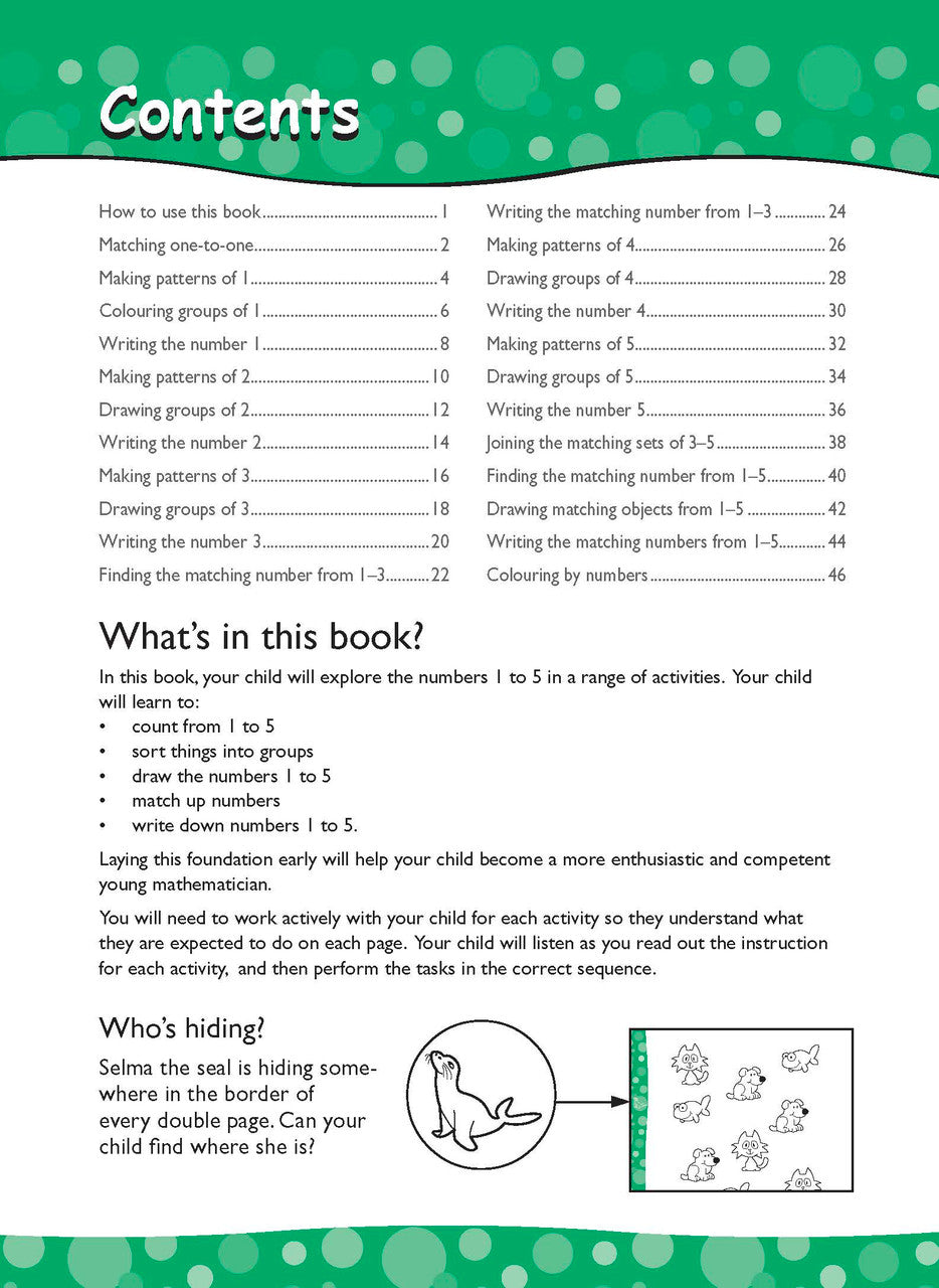 Opening interior page from Excel Early Skills Maths Book 2 Learning Numbers to 5, as previewed on the publisher product page