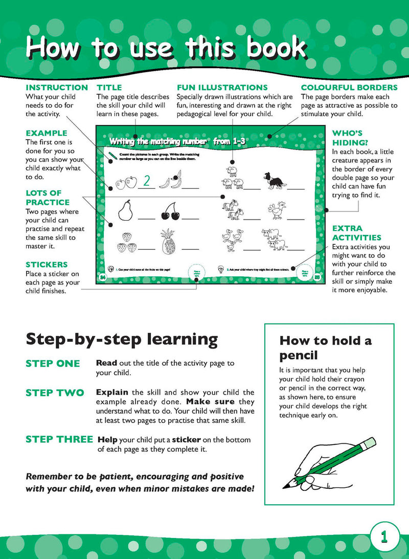 Sample activity page 1 from inside Excel Early Skills Maths Book 2 Learning Numbers to 5, showing the workbook page layout