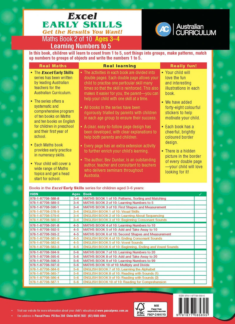 Sample activity page 4 from inside Excel Early Skills Maths Book 2 Learning Numbers to 5, showing the workbook page layout