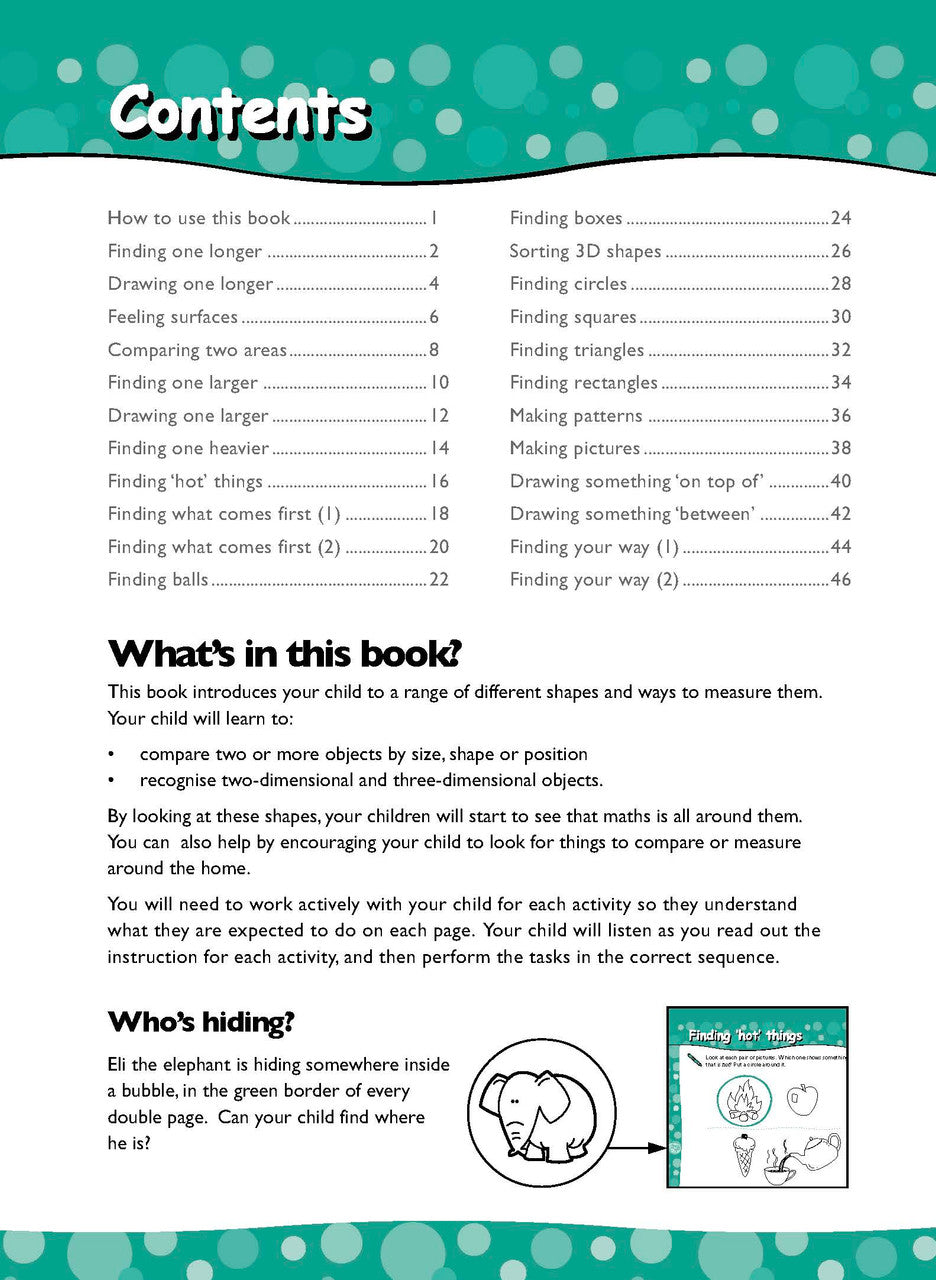 Opening interior page from Excel Early Skills Maths Book 3 First Shapes and Measurement, as previewed on the publisher product page