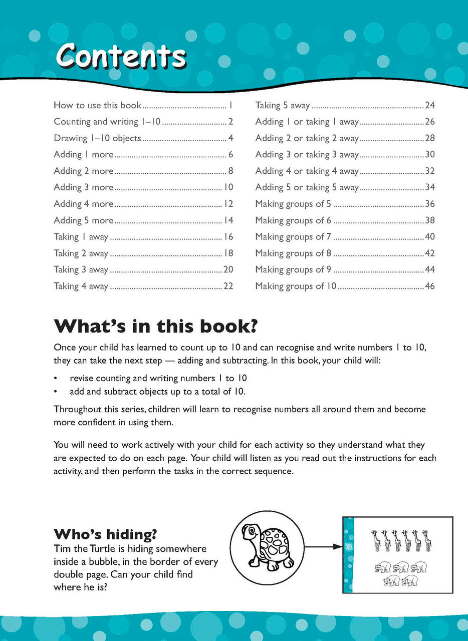Opening interior page from Excel Early Skills Maths Book 5 Add and Take Away to 10, as previewed on the publisher product page