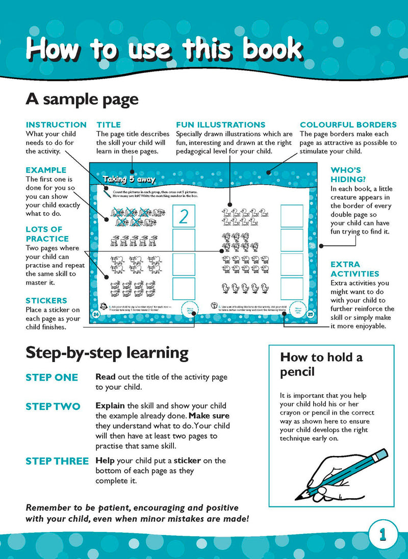 Sample activity page 1 from inside Excel Early Skills Maths Book 5 Add and Take Away to 10, showing the workbook page layout