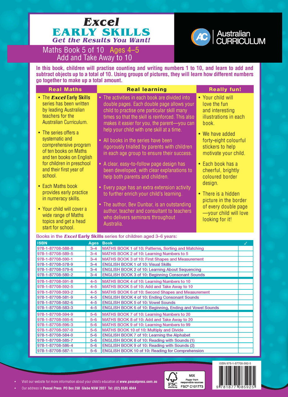 Sample activity page 4 from inside Excel Early Skills Maths Book 5 Add and Take Away to 10, showing the workbook page layout