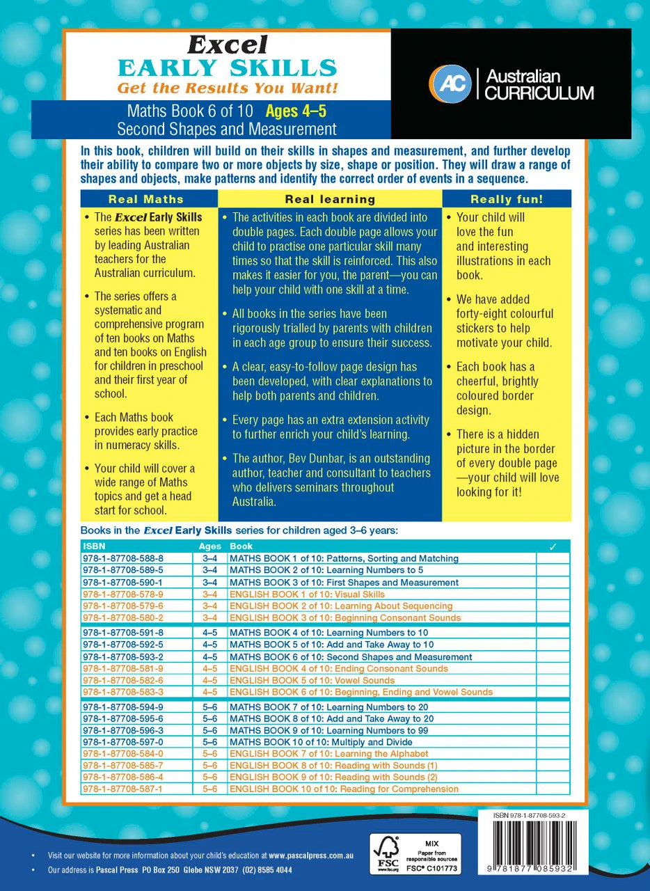 Sample activity page 4 from inside Excel Early Skills Maths Book 6 Second Shapes and Measurement, showing the workbook page layout