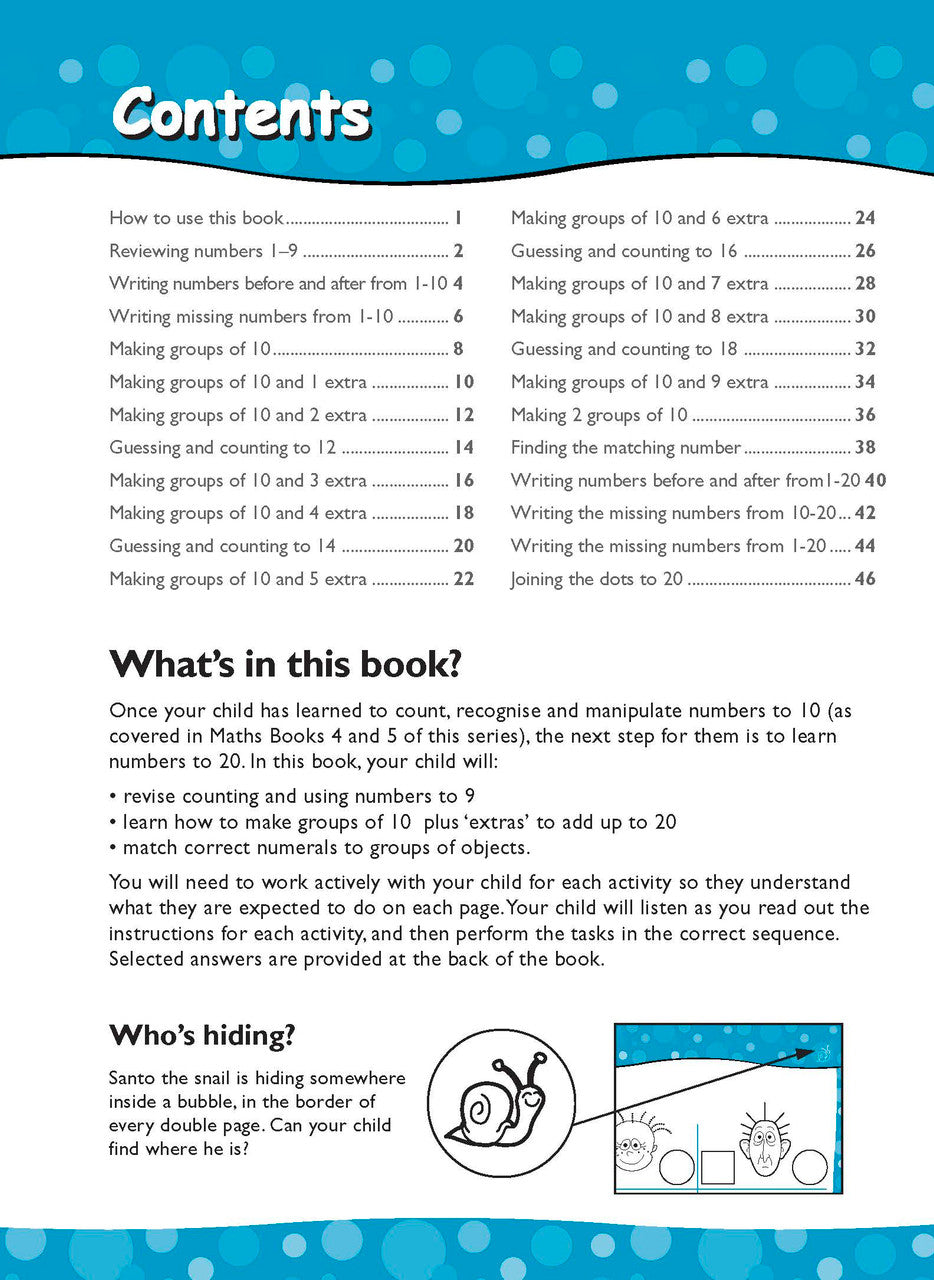 Opening interior page from Excel Early Skills Maths Book 7 Learning Numbers to 20, as previewed on the publisher product page