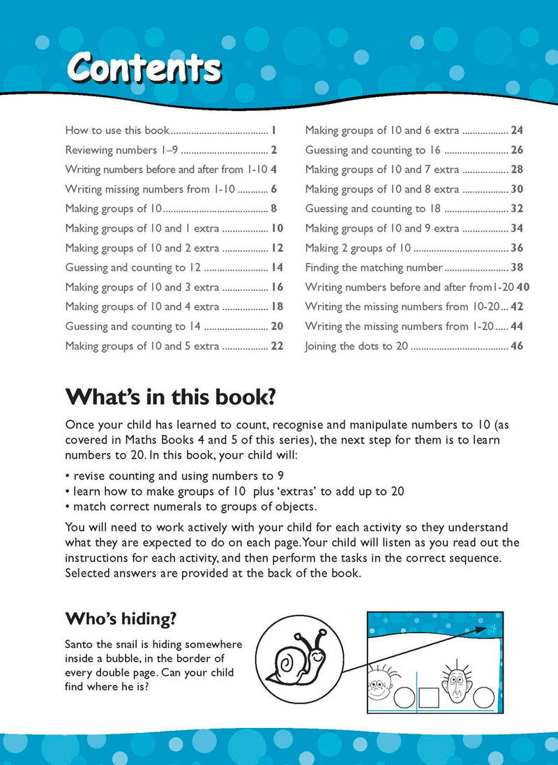 Opening interior page from Excel Early Skills Maths Book 7 Learning Numbers to 20, as previewed on the publisher product page