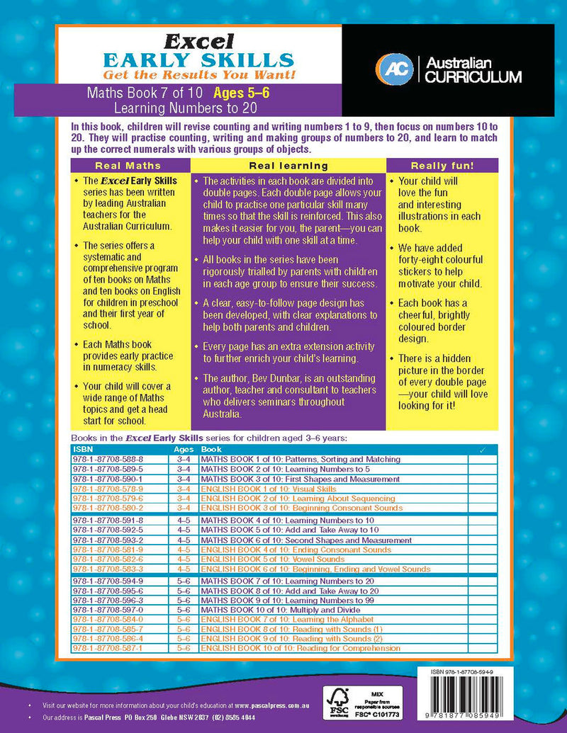 Sample activity page 4 from inside Excel Early Skills Maths Book 7 Learning Numbers to 20, showing the workbook page layout