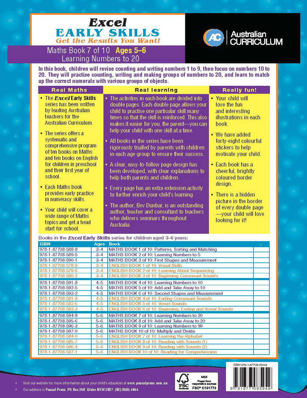 Sample activity page 4 from inside Excel Early Skills Maths Book 7 Learning Numbers to 20, showing the workbook page layout