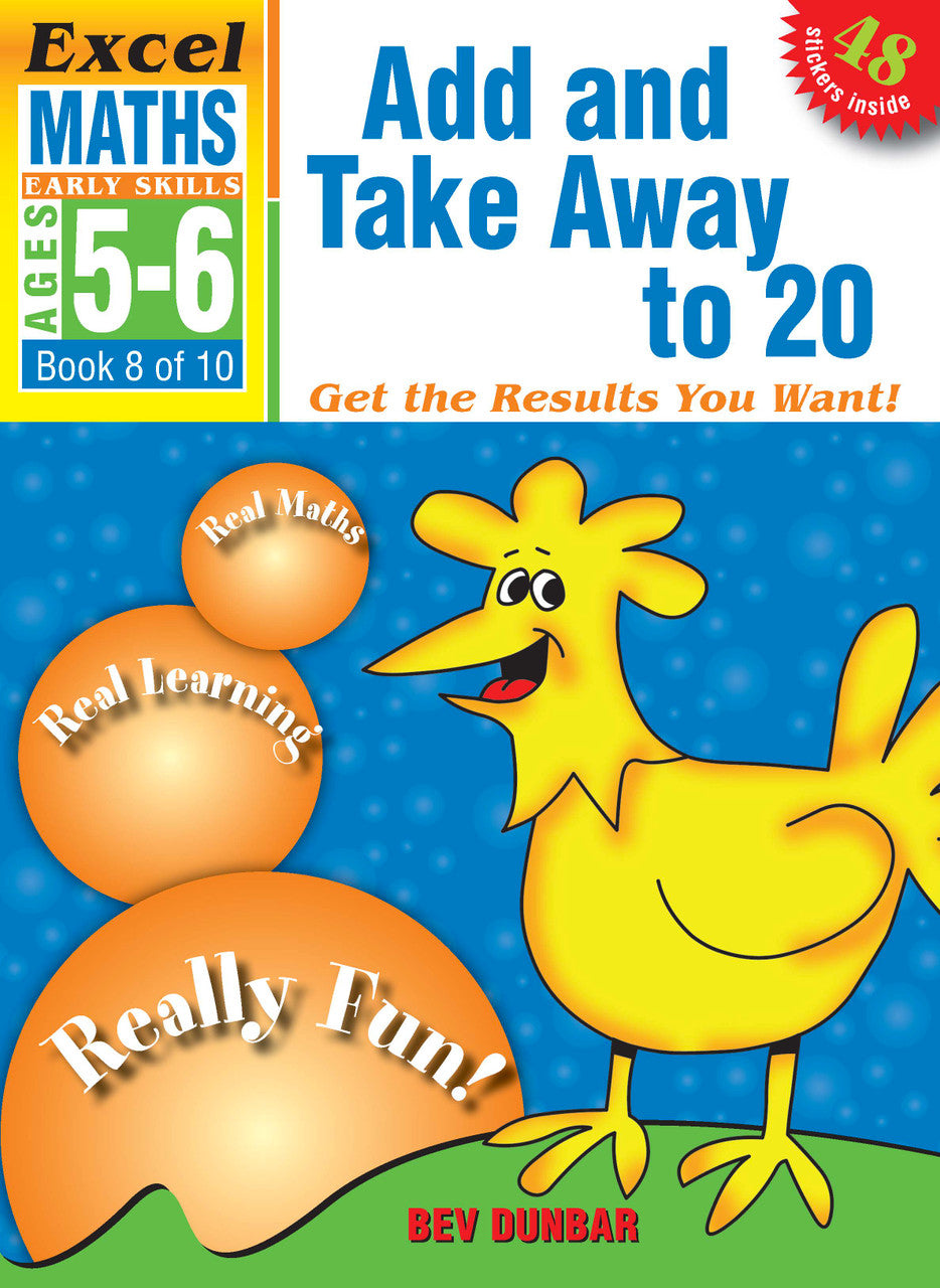 Front cover of Excel Early Skills Maths Book 8 Add and Take Away to 20 from Pascal Press showing the Excel series branding and book title