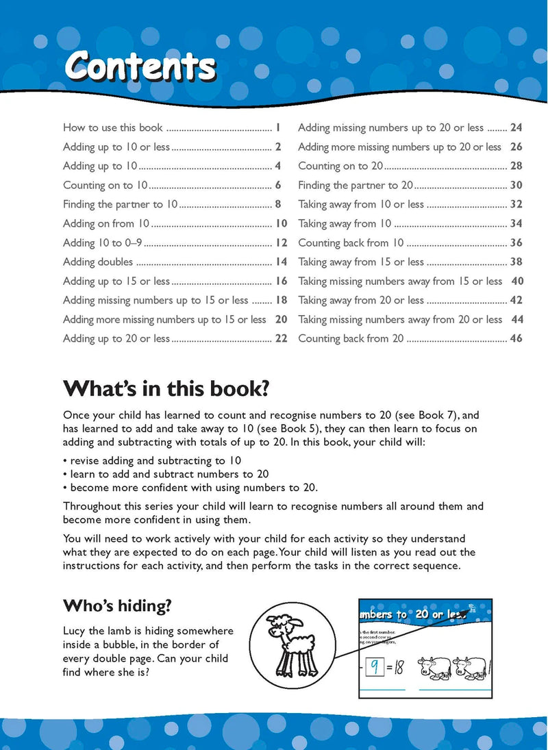 Additional page image from Excel Early Skills Maths Book 8 Add and Take Away to 20 supplied in the publisher gallery, showing more of the book layout