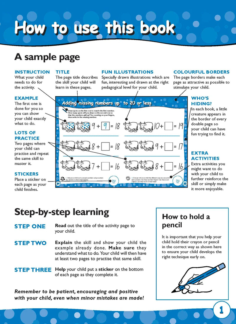 Sample inside page one from Excel Early Skills Maths Book 8 Add and Take Away to 20 showing the style of practice activities children work through