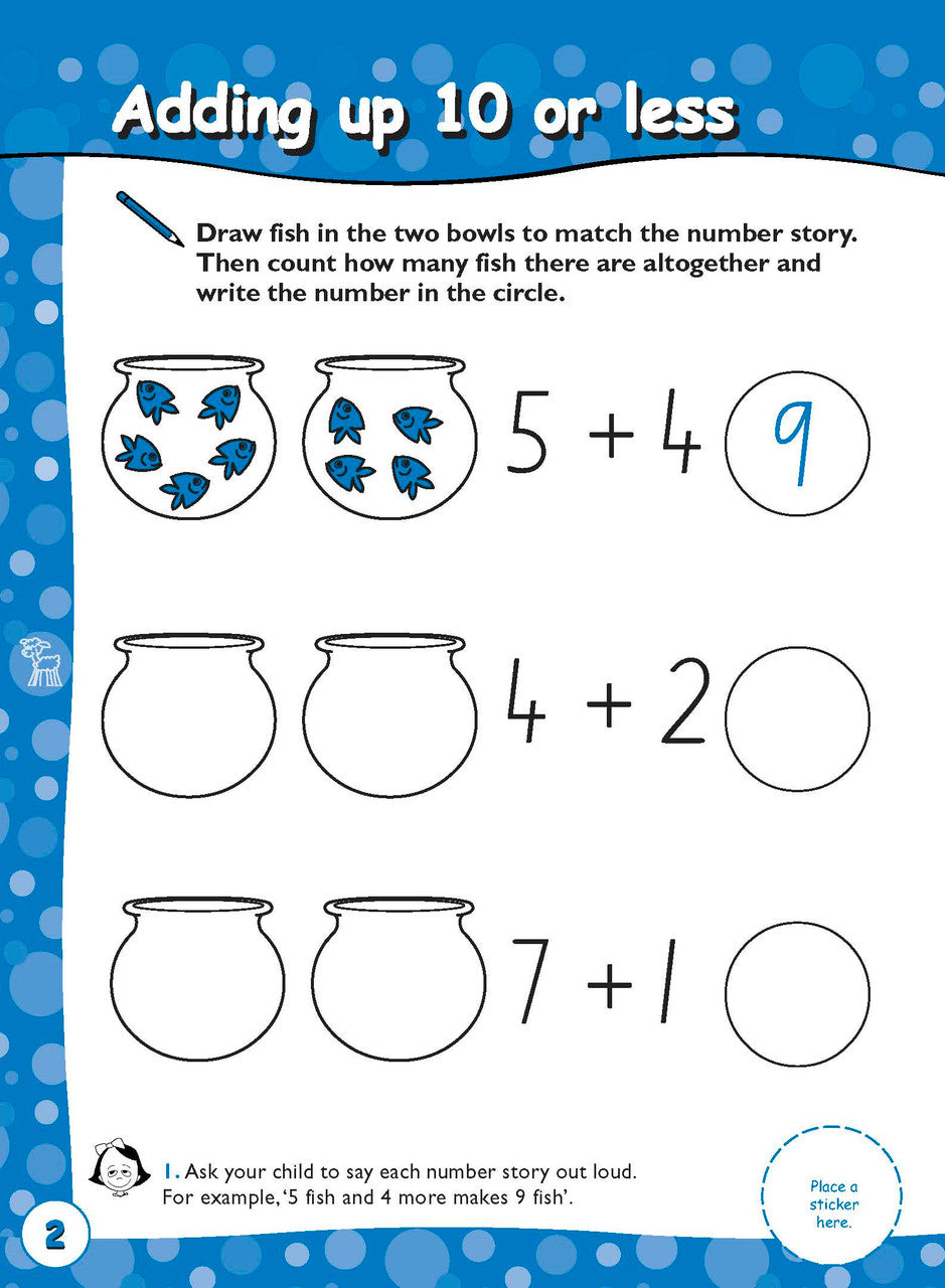 Sample inside page two from Excel Early Skills Maths Book 8 Add and Take Away to 20 showing the style of practice activities children work through