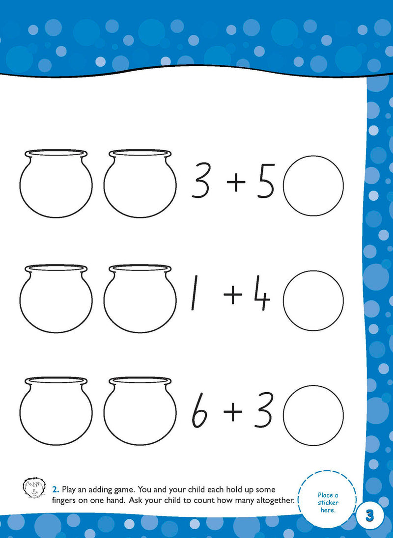 Sample inside page three from Excel Early Skills Maths Book 8 Add and Take Away to 20 showing the style of practice activities children work through