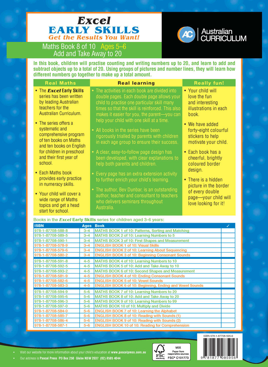Sample inside page four from Excel Early Skills Maths Book 8 Add and Take Away to 20 showing the style of practice activities children work through