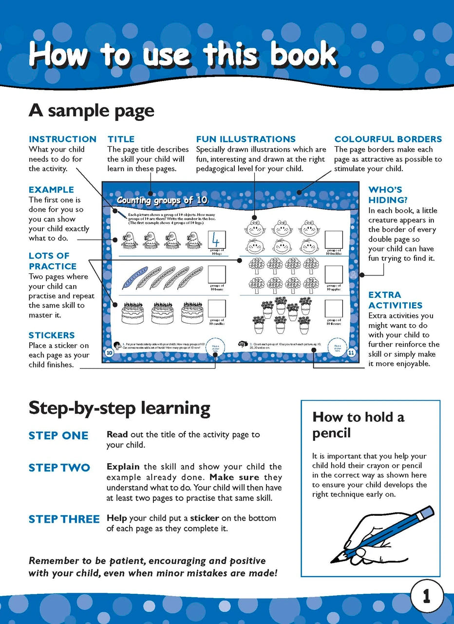 Sample inside page one from Excel Early Skills Maths Book 9 Learning Numbers to 99 showing the style of practice activities children work through
