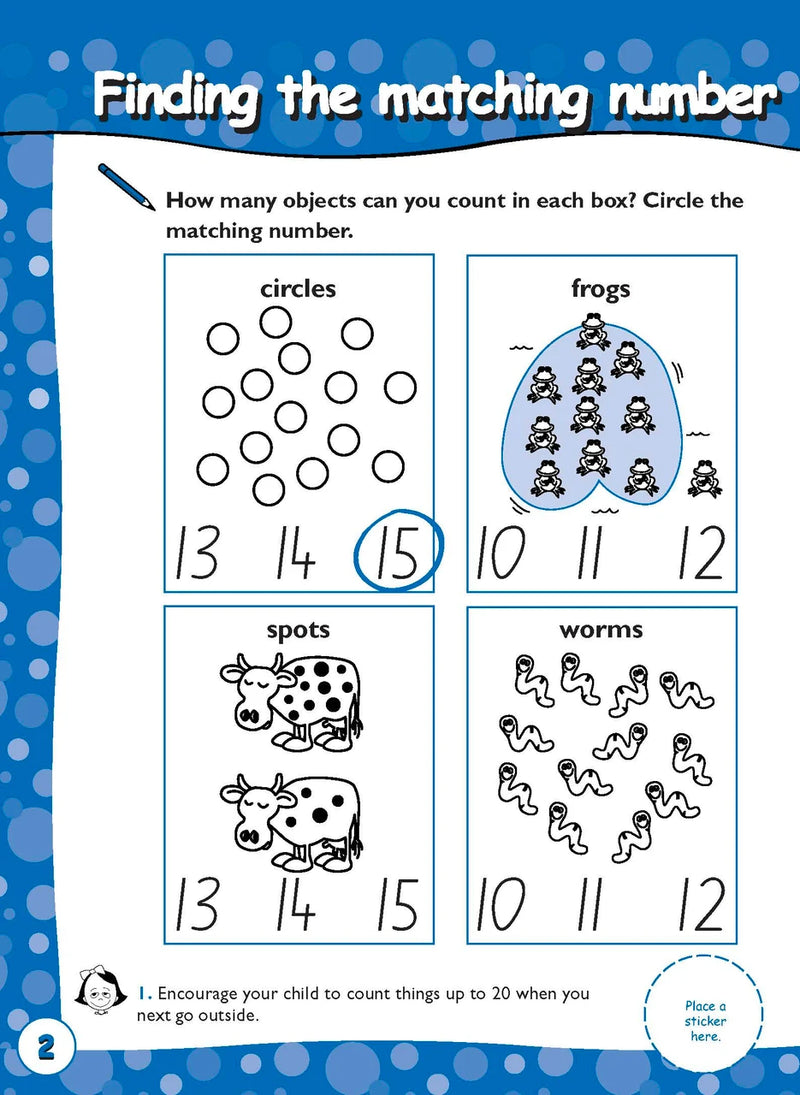 Sample inside page two from Excel Early Skills Maths Book 9 Learning Numbers to 99 showing the style of practice activities children work through