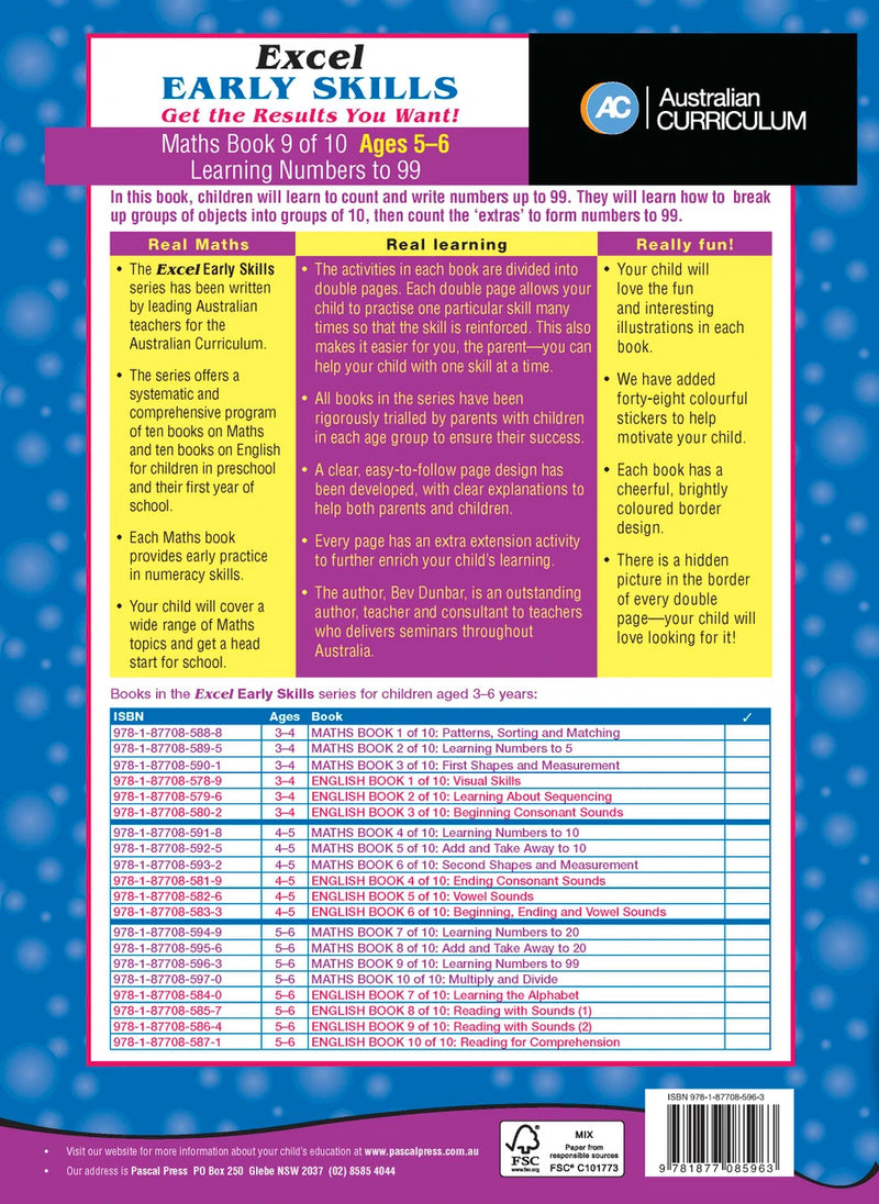 Sample inside page four from Excel Early Skills Maths Book 9 Learning Numbers to 99 showing the style of practice activities children work through