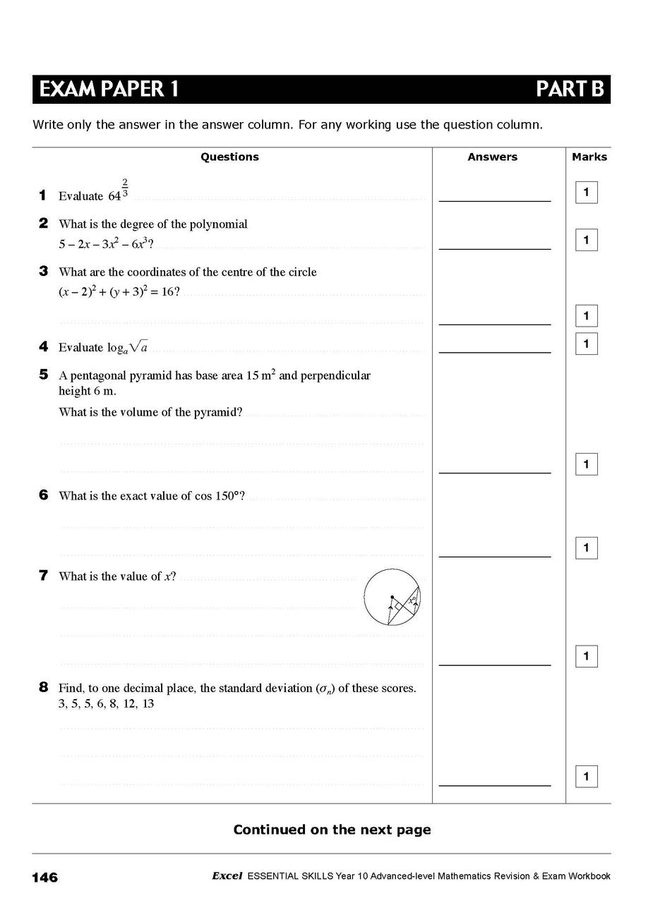 Tenth sample inside page from Excel Essential Skills Advanced Mathematics Revision and Exam Workbook Year 10, showing printed maths content from the workbook