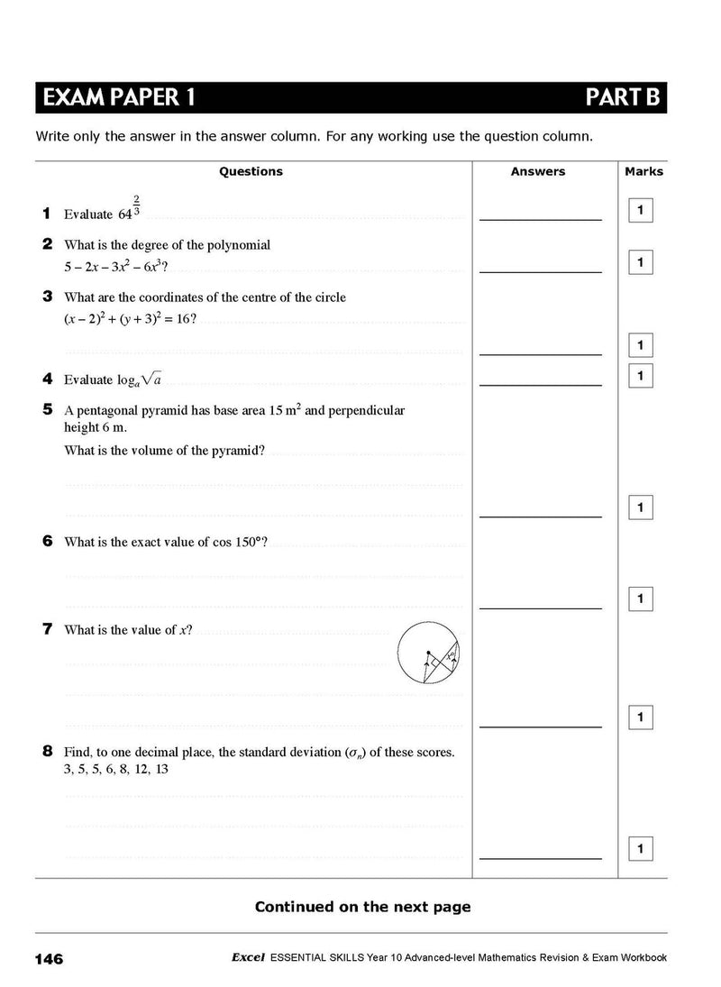 Tenth sample inside page from Excel Essential Skills Advanced Mathematics Revision and Exam Workbook Year 10, showing printed maths content from the workbook