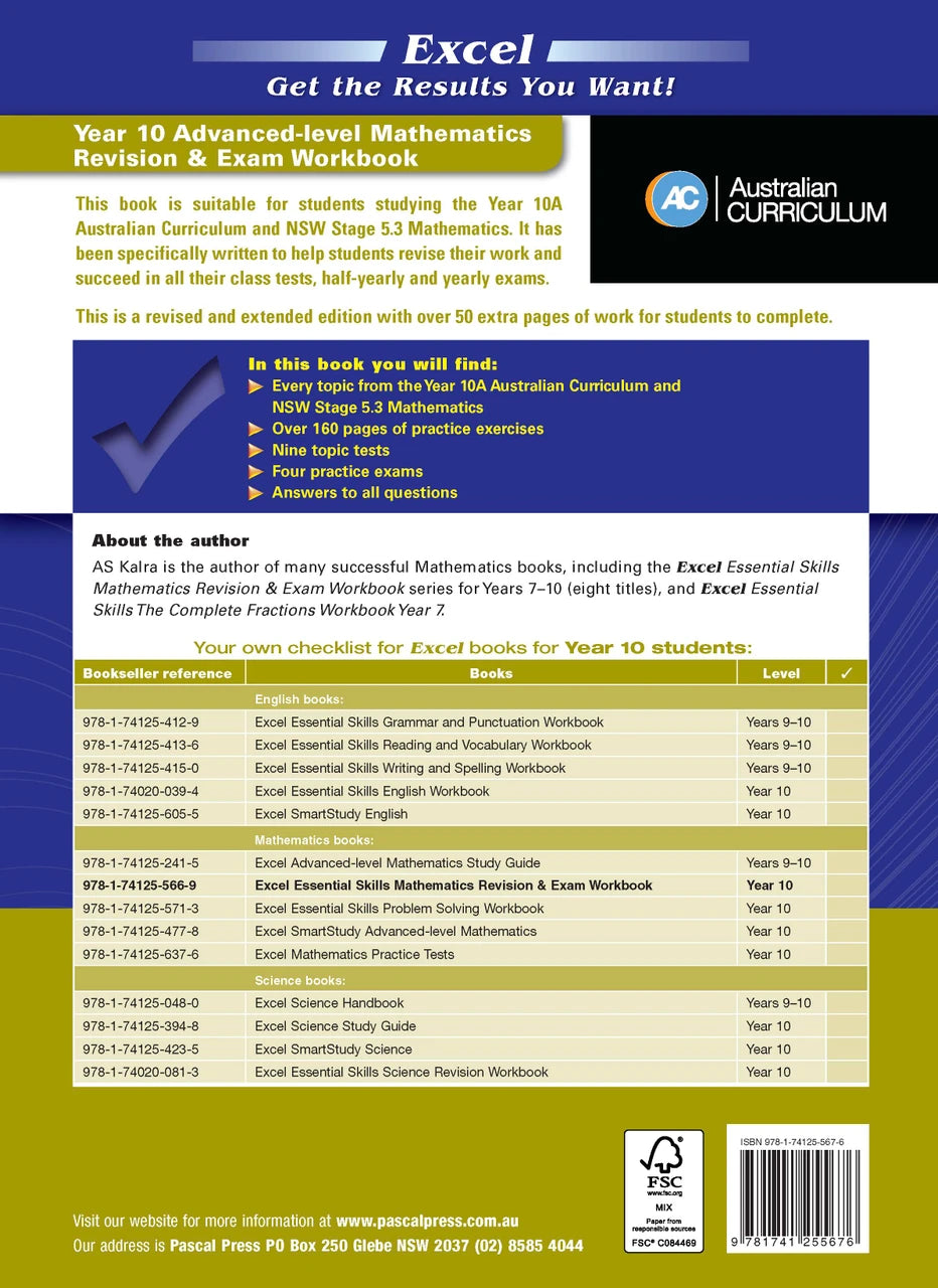Back cover of Excel Essential Skills Advanced Mathematics Revision and Exam Workbook Year 10, published by Pascal Press in the Excel Essential Skills series