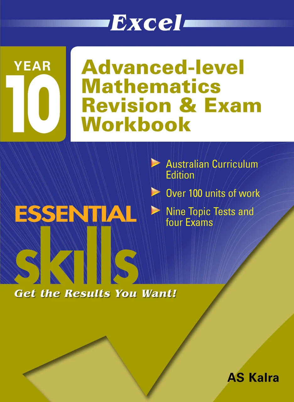Front cover of Excel Essential Skills Advanced Mathematics Revision and Exam Workbook Year 10 from Pascal Press, showing the Excel Essential Skills series branding and title