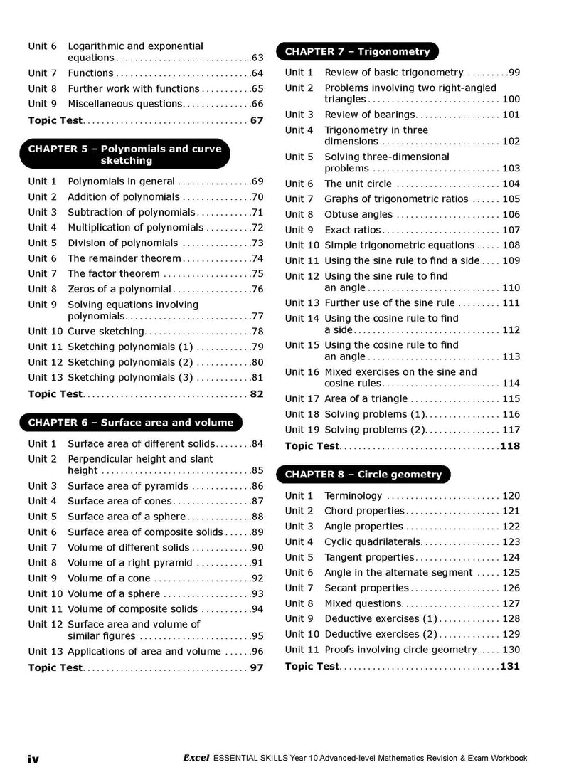 Second sample inside page from Excel Essential Skills Advanced Mathematics Revision and Exam Workbook Year 10, showing printed maths content from the workbook