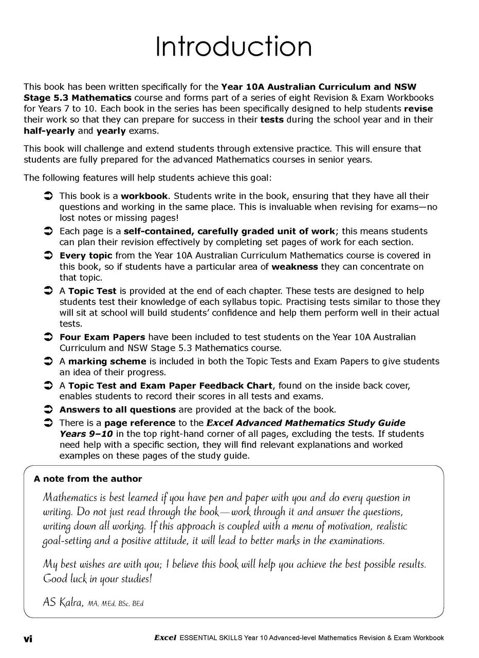 Fourth sample inside page from Excel Essential Skills Advanced Mathematics Revision and Exam Workbook Year 10, showing printed maths content from the workbook