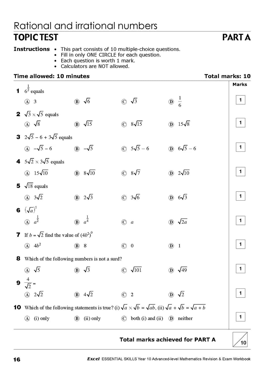 Eighth sample inside page from Excel Essential Skills Advanced Mathematics Revision and Exam Workbook Year 10, showing printed maths content from the workbook