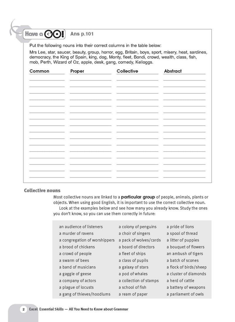 Sample interior page from the Excel Essential Skills All You Need to Know About Grammar workbook as shown in the publisher preview