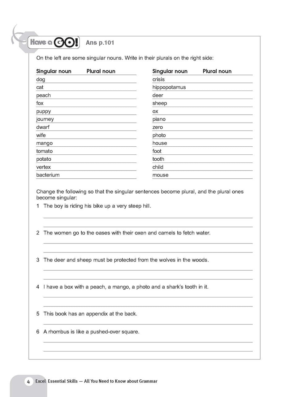 Sample interior page from the Excel Essential Skills All You Need to Know About Grammar workbook as shown in the publisher preview