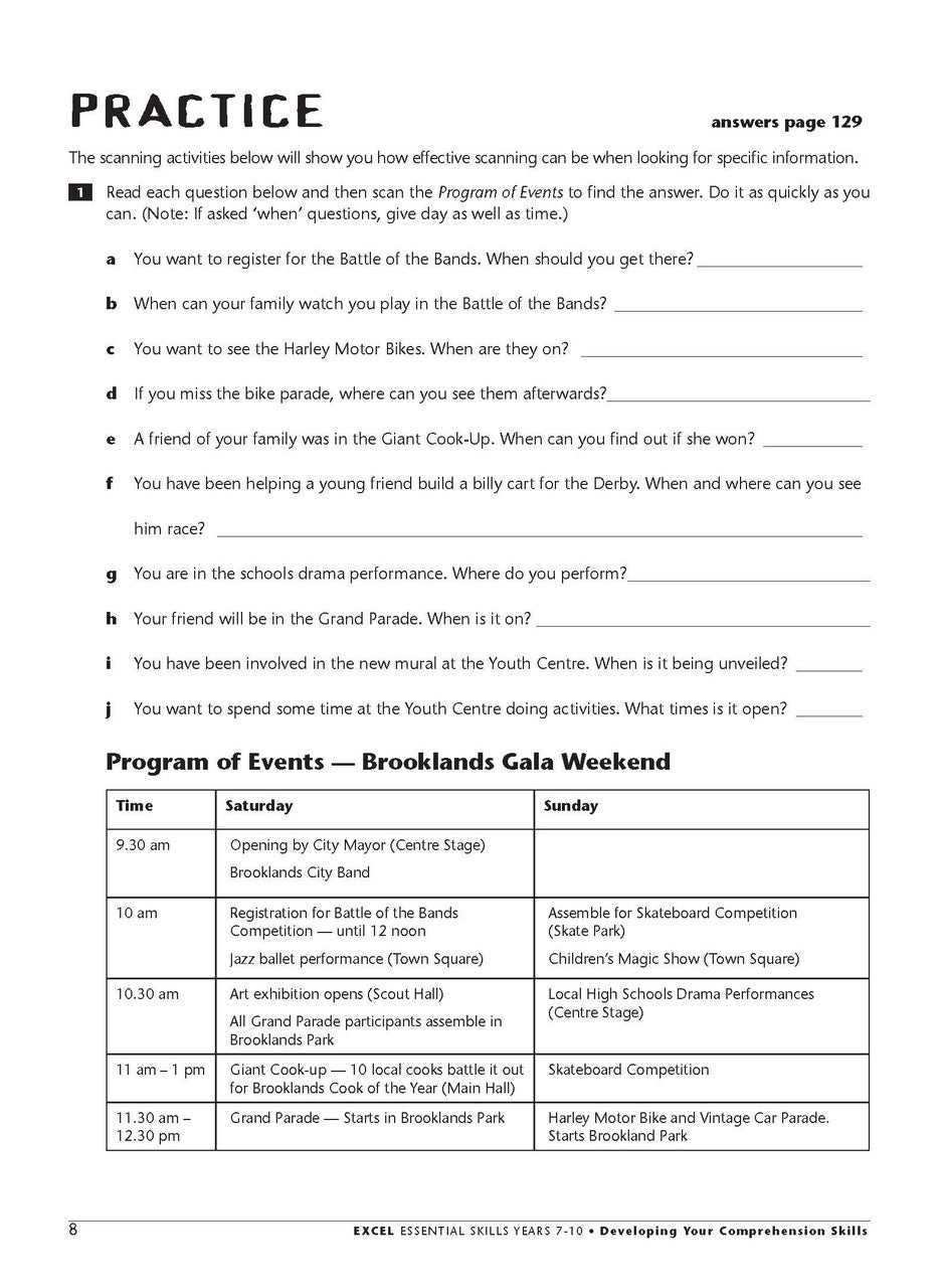 Sample interior page from the Excel Essential Skills Developing Your Comprehension Skills workbook as shown in the publisher preview