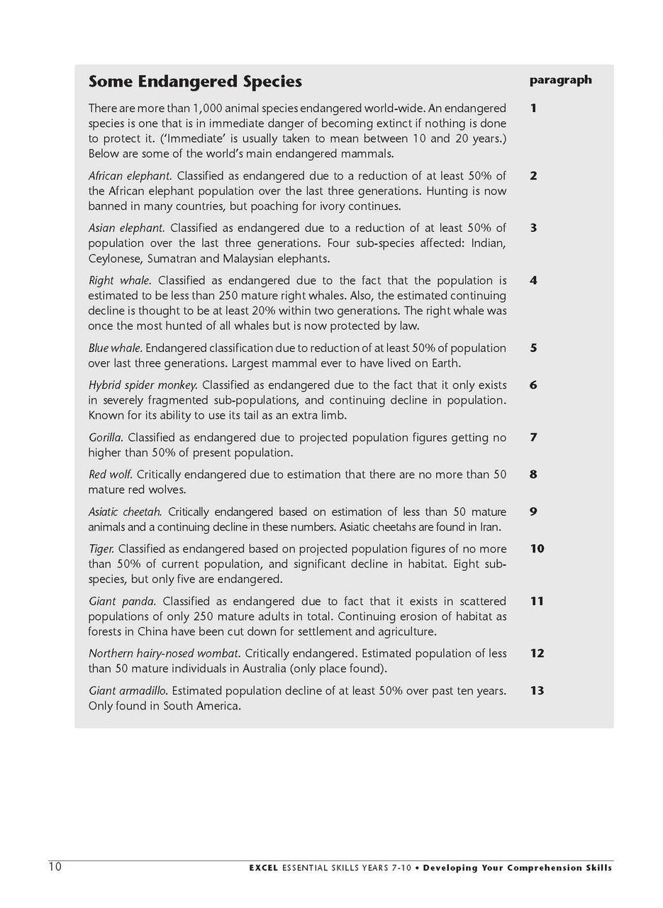Sample interior page from the Excel Essential Skills Developing Your Comprehension Skills workbook as shown in the publisher preview