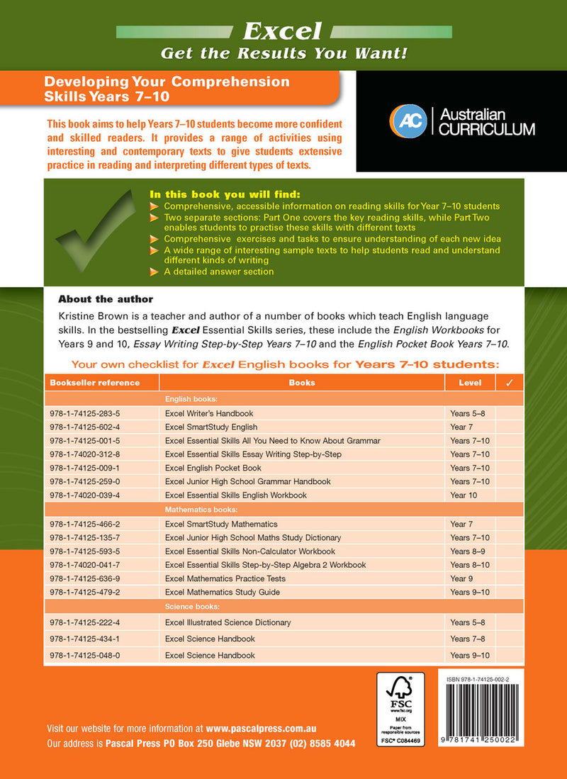Back cover of the Excel Essential Skills Developing Your Comprehension Skills workbook with the publisher's summary