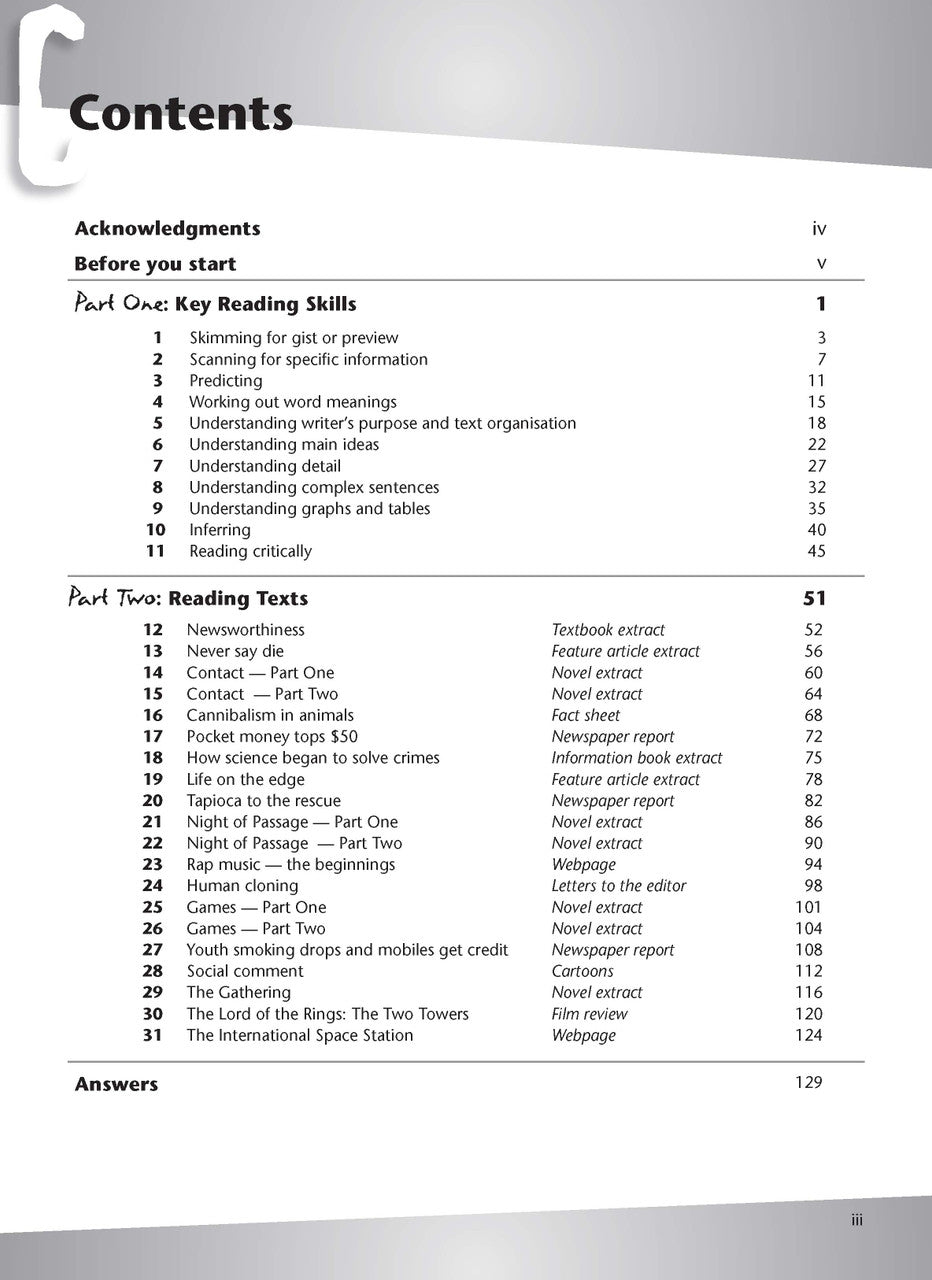 Contents page from the Excel Essential Skills Developing Your Comprehension Skills workbook listing the units inside