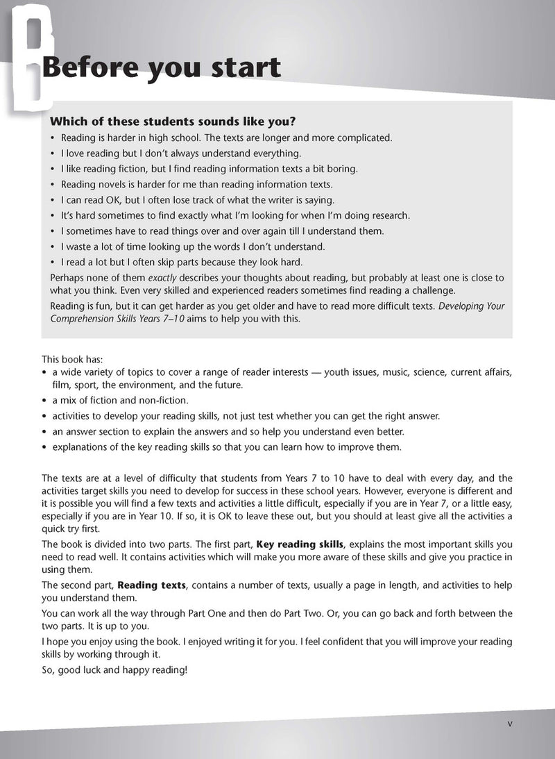 Sample interior page from the Excel Essential Skills Developing Your Comprehension Skills workbook as shown in the publisher preview