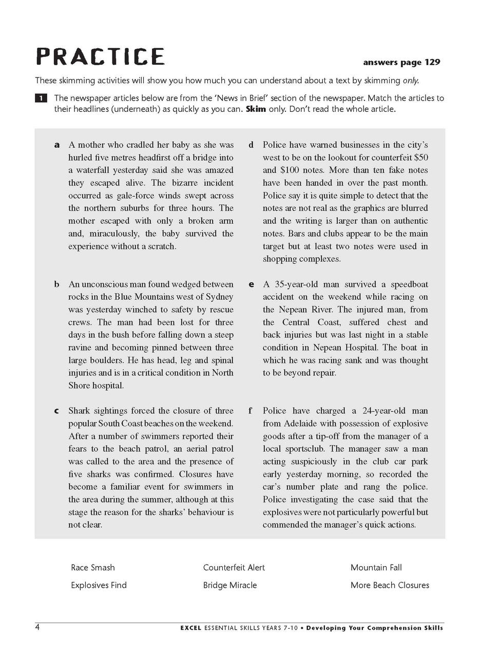 Sample interior page from the Excel Essential Skills Developing Your Comprehension Skills workbook as shown in the publisher preview