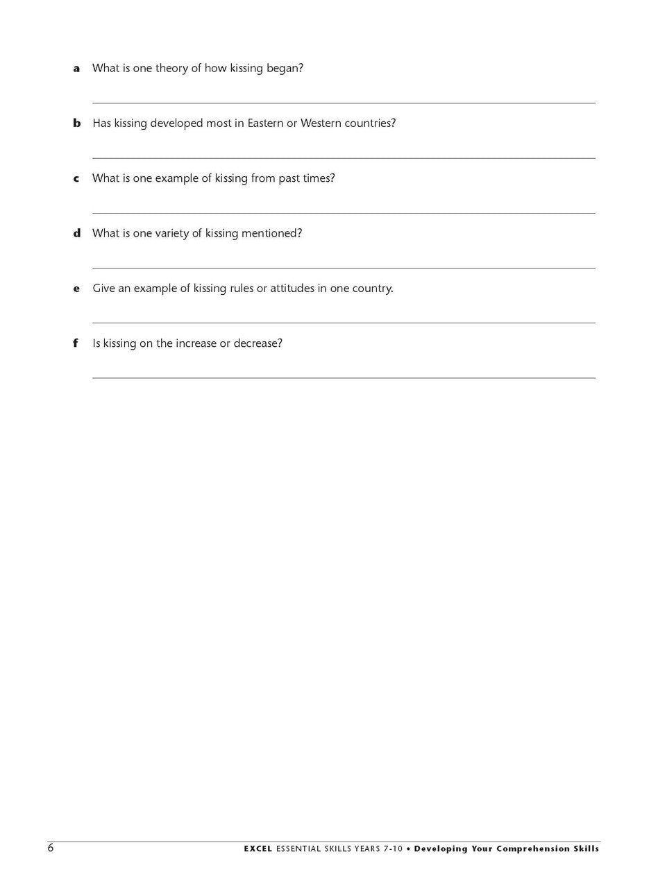 Sample interior page from the Excel Essential Skills Developing Your Comprehension Skills workbook as shown in the publisher preview