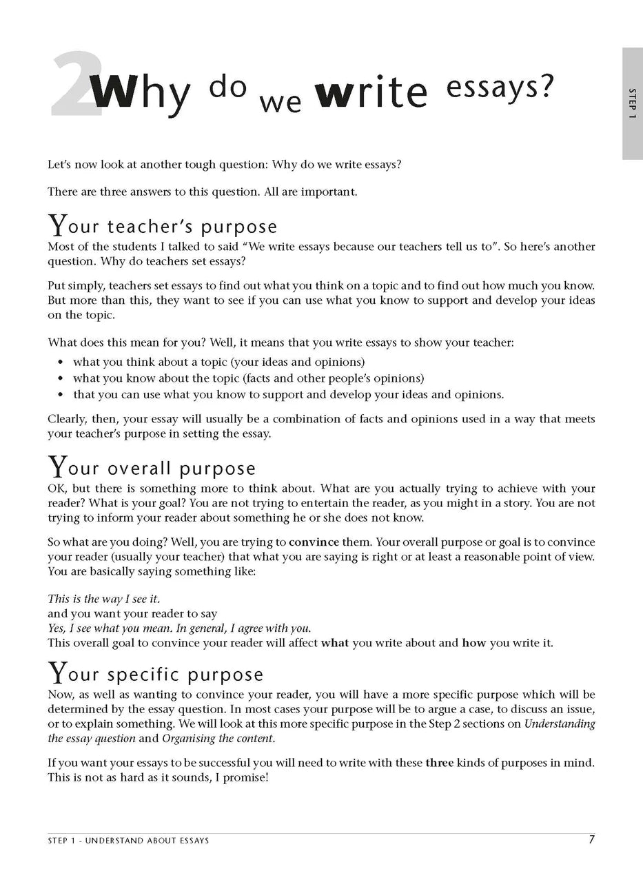 Sample interior page from the Excel Essential Skills Essay Writing Step-by-Step workbook as shown in the publisher preview