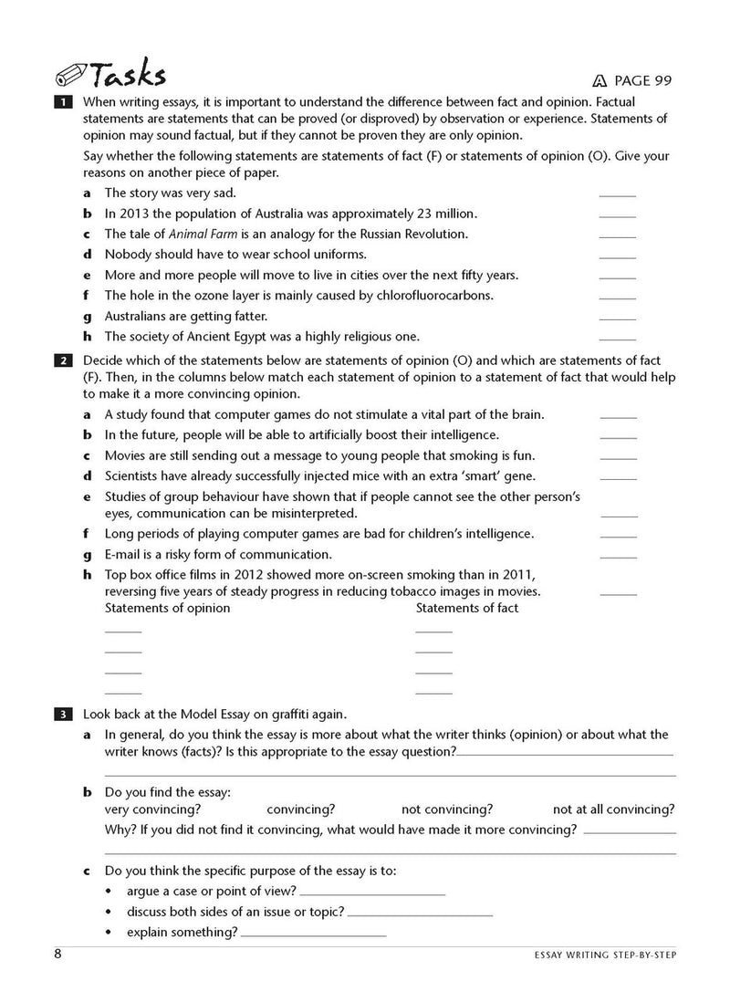 Sample interior page from the Excel Essential Skills Essay Writing Step-by-Step workbook as shown in the publisher preview