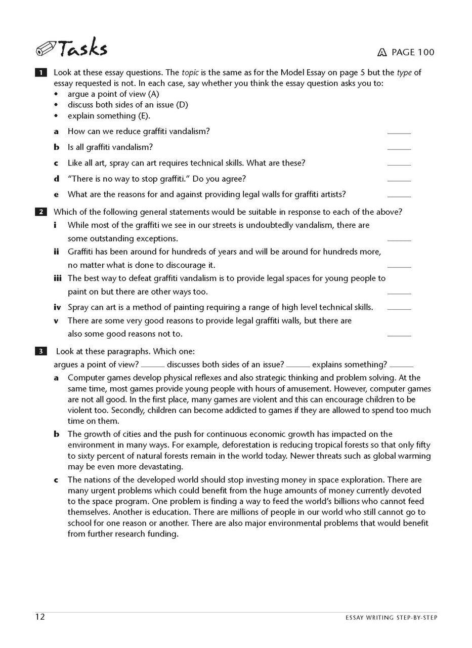 Sample interior page from the Excel Essential Skills Essay Writing Step-by-Step workbook as shown in the publisher preview