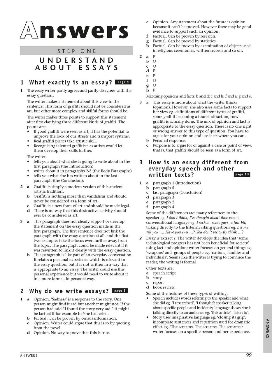 Sample interior page from the Excel Essential Skills Essay Writing Step-by-Step workbook as shown in the publisher preview