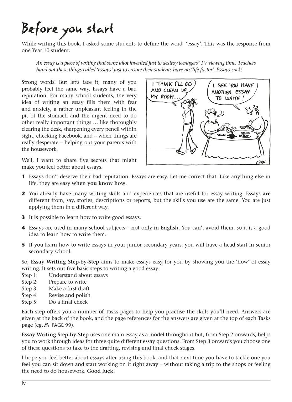 Sample interior page from the Excel Essential Skills Essay Writing Step-by-Step workbook as shown in the publisher preview