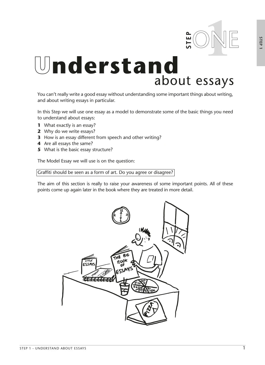 Sample interior page from the Excel Essential Skills Essay Writing Step-by-Step workbook as shown in the publisher preview