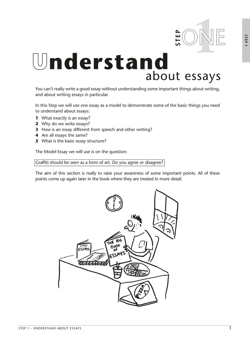 Sample interior page from the Excel Essential Skills Essay Writing Step-by-Step workbook as shown in the publisher preview