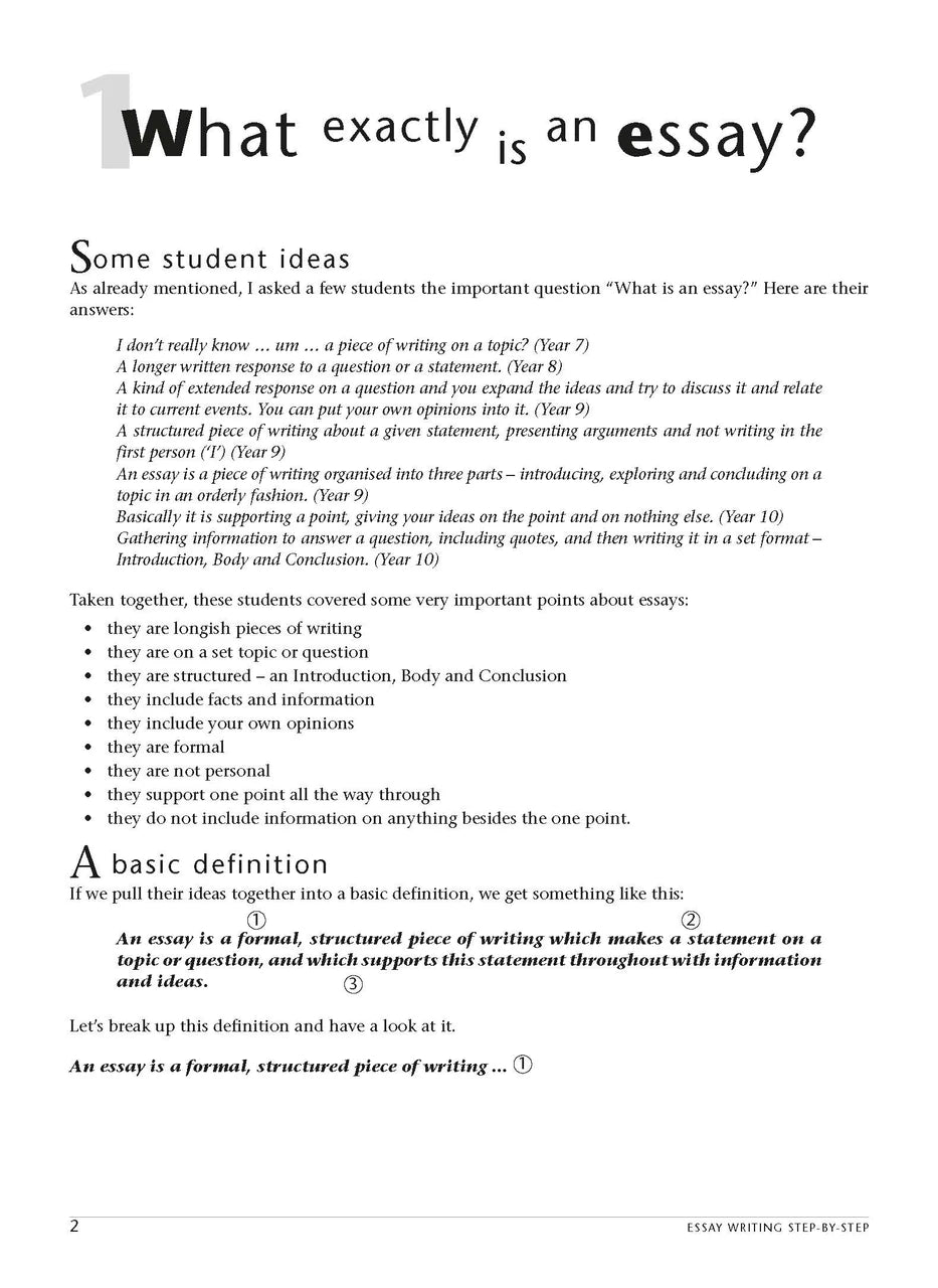 Sample interior page from the Excel Essential Skills Essay Writing Step-by-Step workbook as shown in the publisher preview